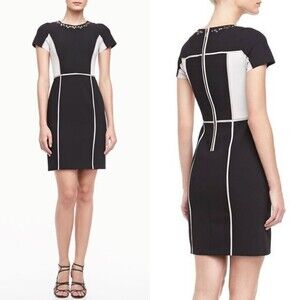 NWT Rebecca Taylor Two-Tone Crepe Colorblock Embellished Mini Black Dress